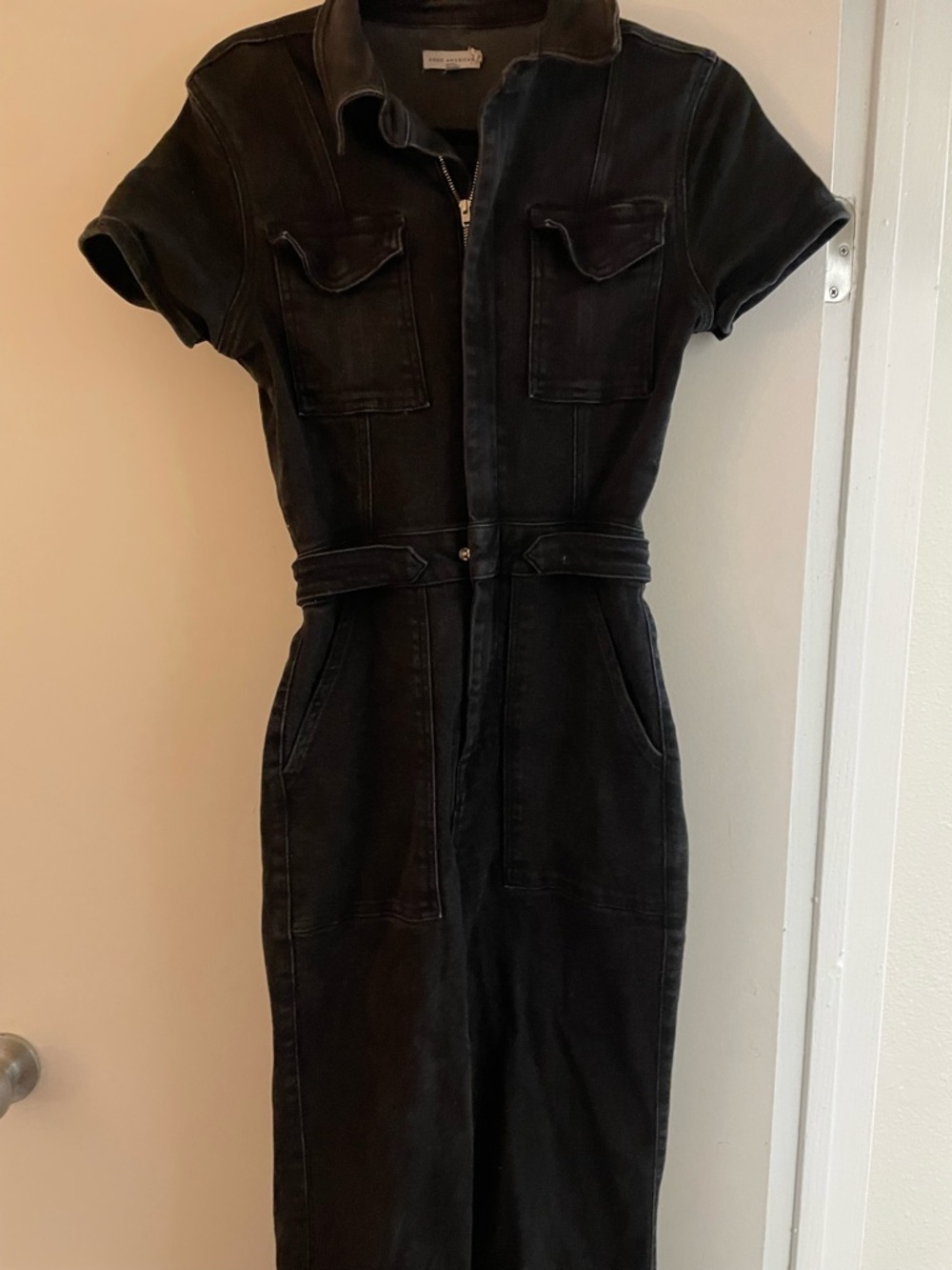 Good American Black Short-Sleeve Utility Jumpsuit with Belted Waist